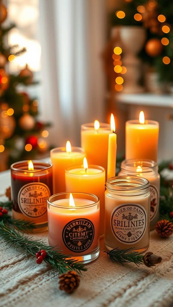 A collection of lit scented candles surrounded by pine branches and pine cones, creating a cozy holiday atmosphere.