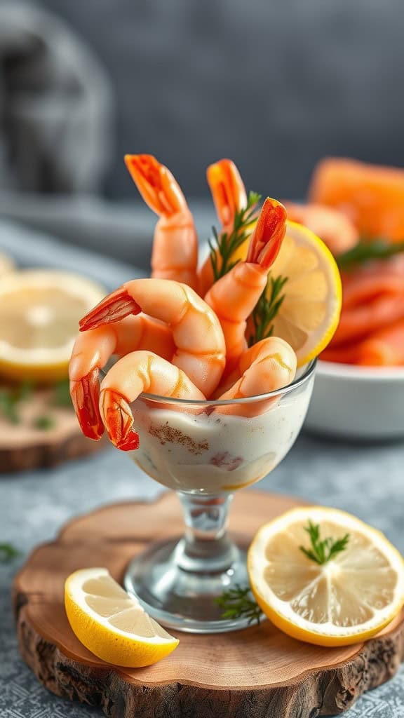 A charcuterie cup featuring shrimp, lemon slices, and a creamy dip on a wooden platter.