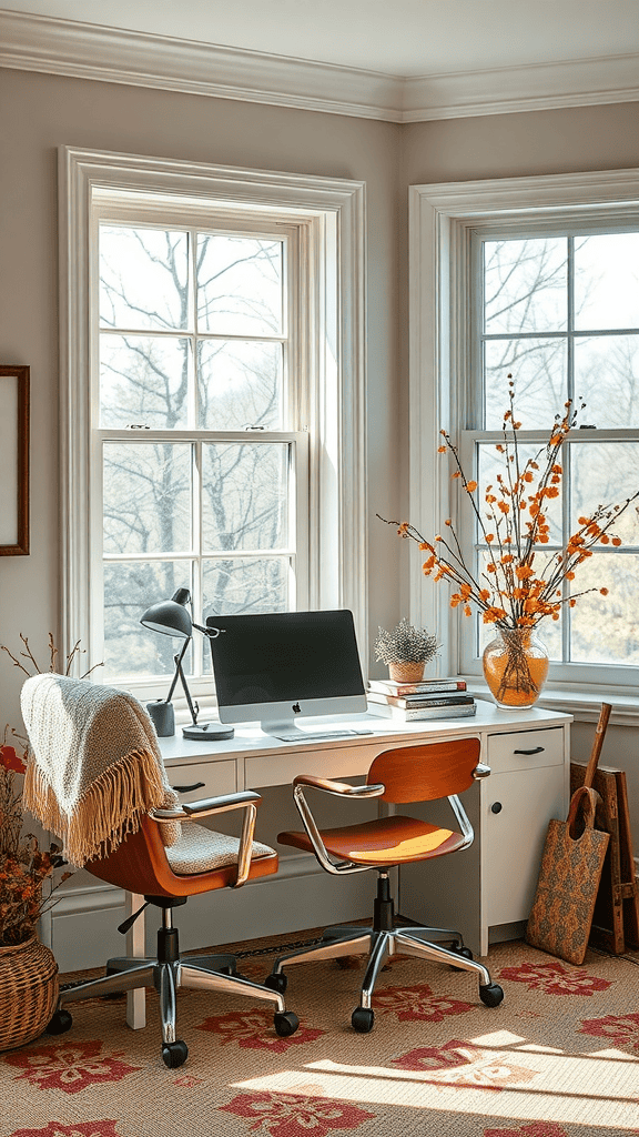 A cozy workspace with two chairs, a computer, and seasonal decor by the windows.