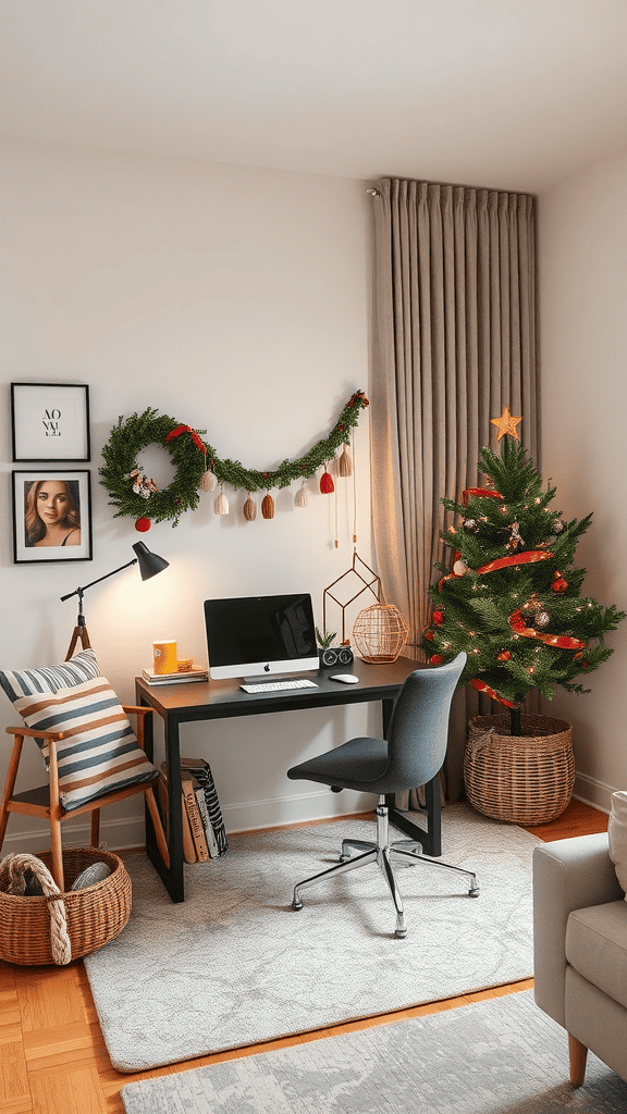 A cozy office decorated for the holidays with a Christmas tree and garland.