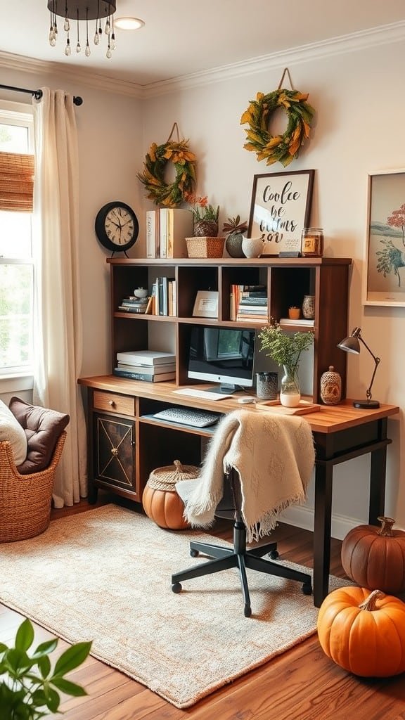 Cozy home office with seasonal autumn decor, featuring wreaths and pumpkins.