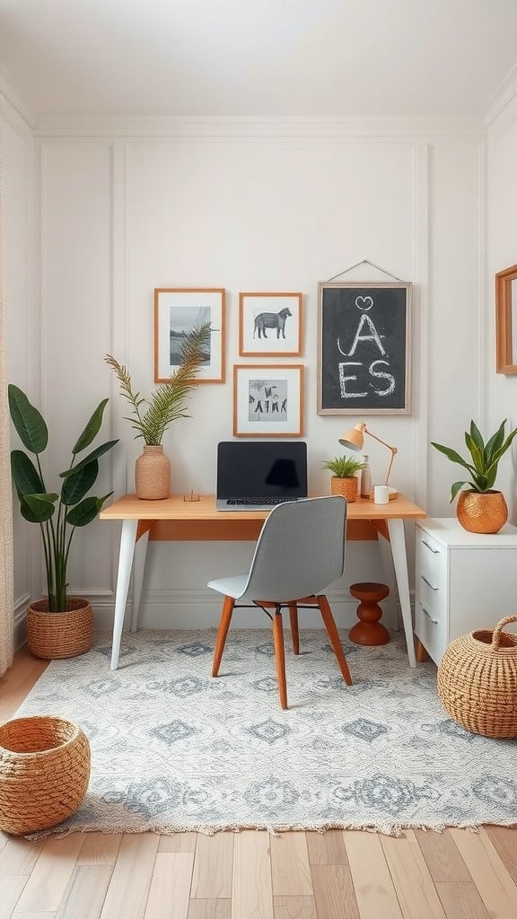 A cozy home office with neutral decor, featuring a desk, plants, and artwork