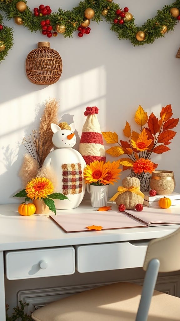 Cozy autumn-themed desk decor featuring pumpkins, sunflowers, and a snowman.