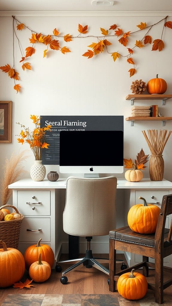 A cozy home office decorated with pumpkins and autumn leaves.