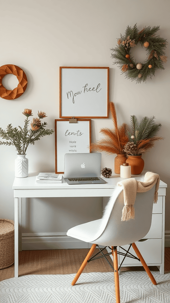 A cozy desk setup with seasonal decor, including a wreath, plants, and warm colors.