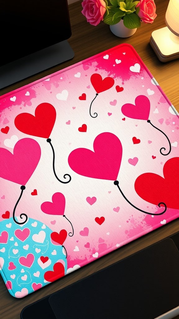 A colorful desk mat with heart-shaped balloons on a wooden desk.