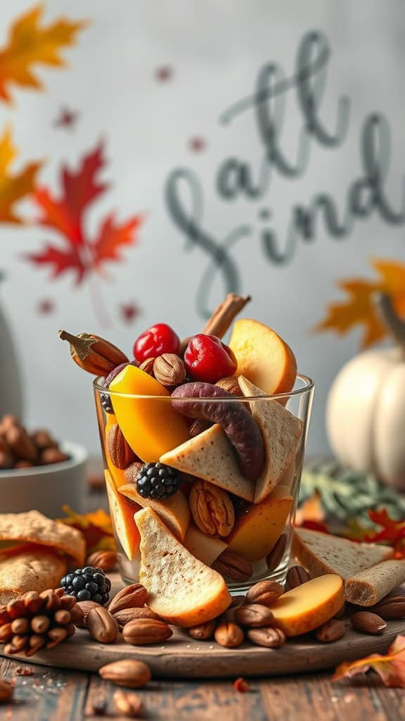 A glass filled with seasonal fruits, nuts, and decorative fall leaves.