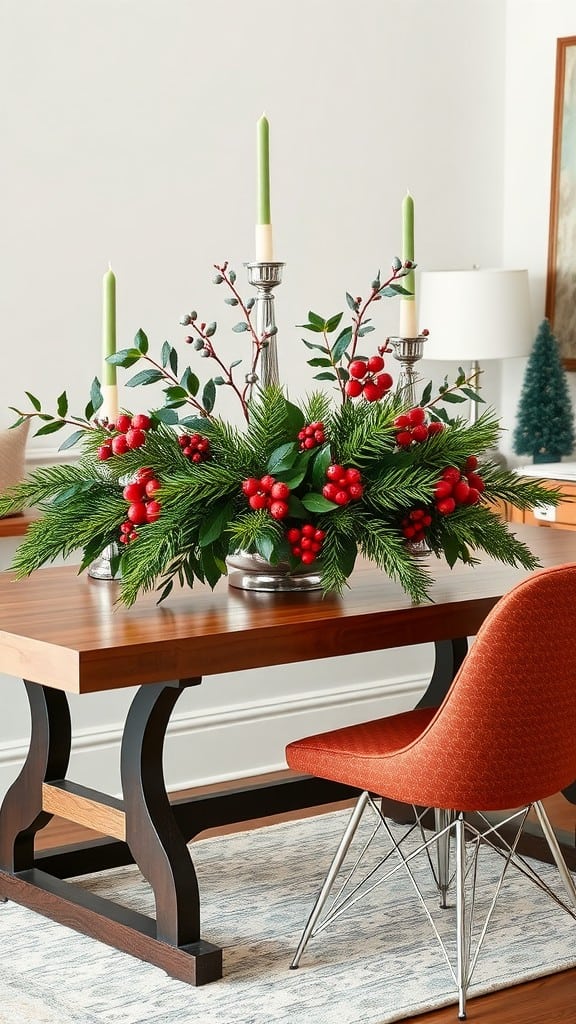 A seasonal greenery arrangement with red berries and green candles on a wooden table.