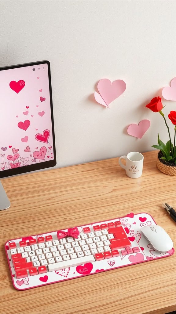 A workspace with a heart-themed keyboard and mouse on a wooden desk, accompanied by a vase of red roses.