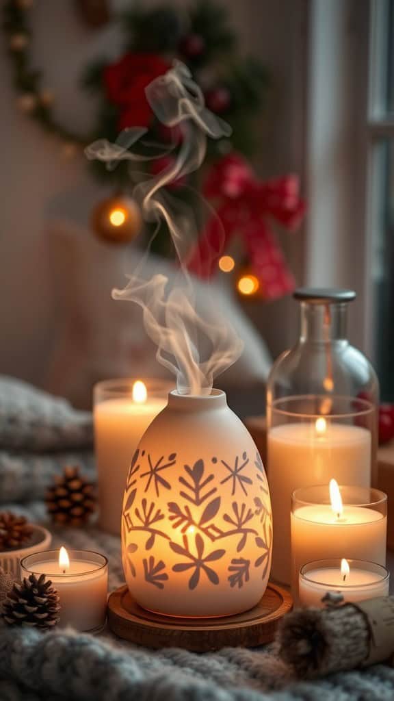 A decorative scent dispenser with snowflake patterns, emitting steam, surrounded by candles and festive decorations.