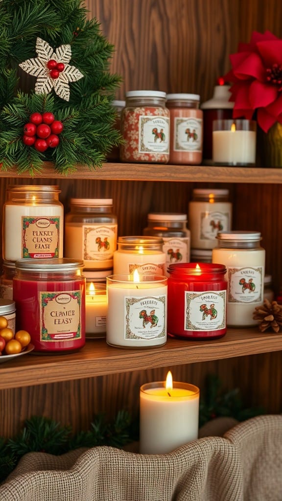 A display of seasonal scented candles on wooden shelves, decorated with a wreath and poinsettias.