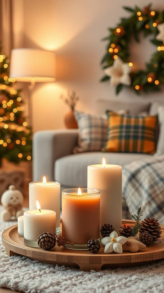 A cozy living room with seasonal scented candles on a wooden tray, surrounded by pinecones and flowers.