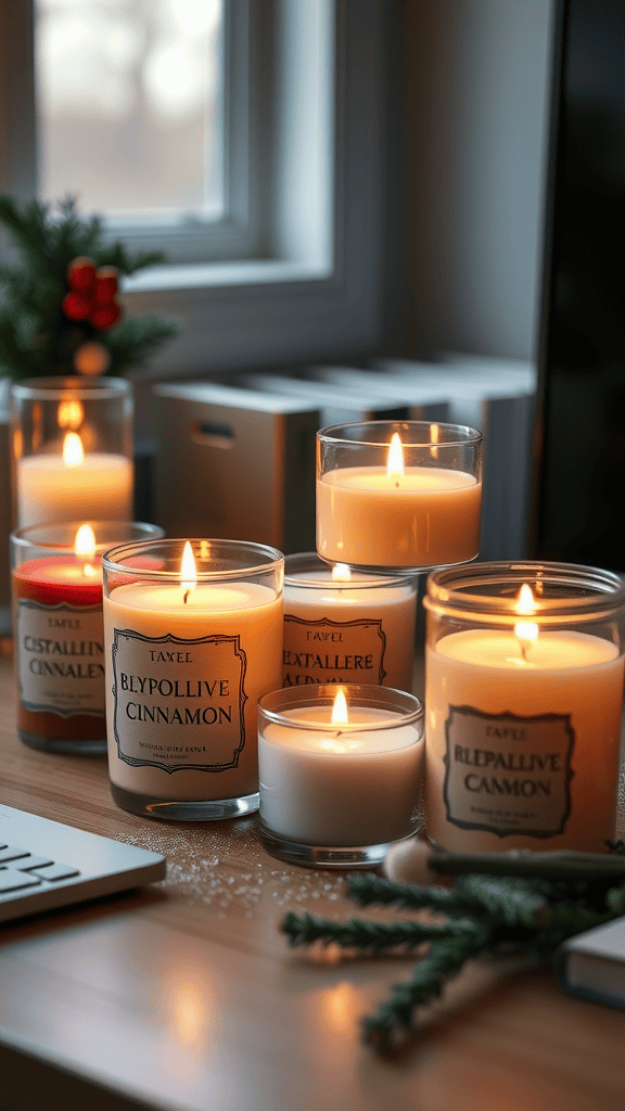 A collection of lit candles with seasonal scents like cinnamon and vanilla on a wooden table.