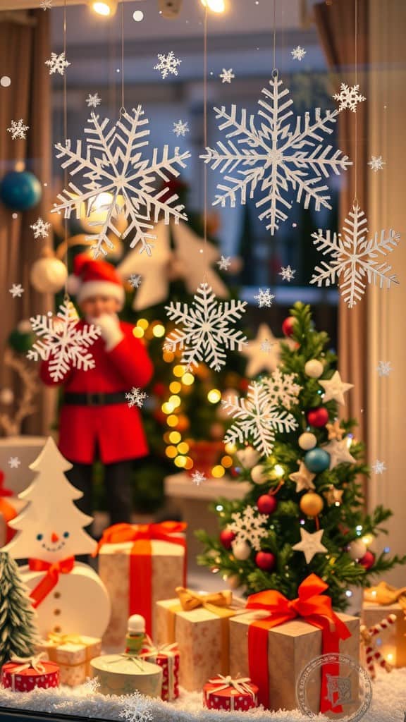 A festive window display featuring snowflakes, a Santa figure, a decorated Christmas tree, and colorful presents.