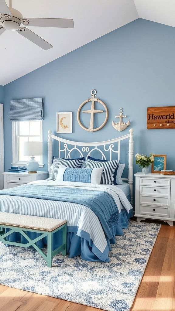 A cozy nautical-themed bedroom with blue walls and coordinated bedding.