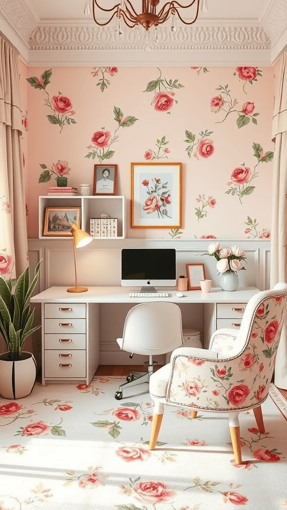 A cozy workspace with floral wallpaper, a desk, and comfortable chair.