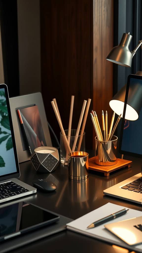 A stylish desk setup with laptops, stationery, and decorative accessories