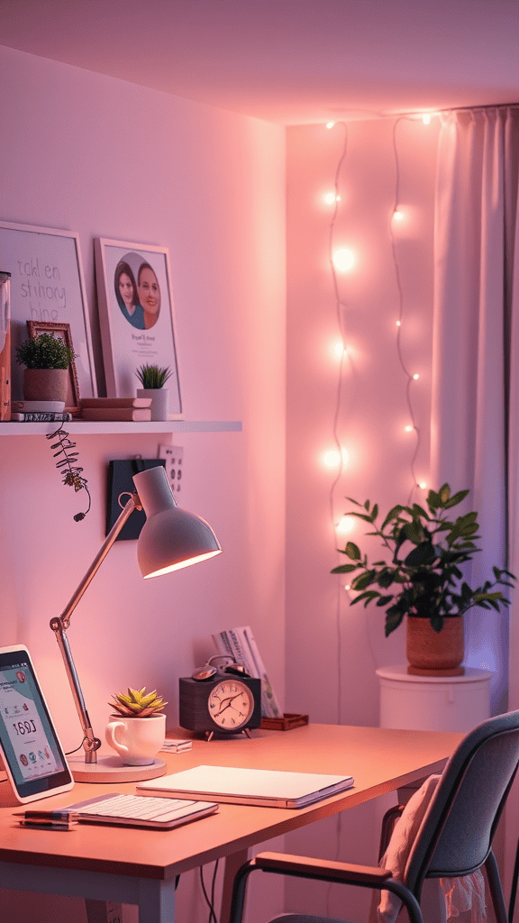 A well-lit workspace featuring a desk lamp, laptop, and decorative plants.