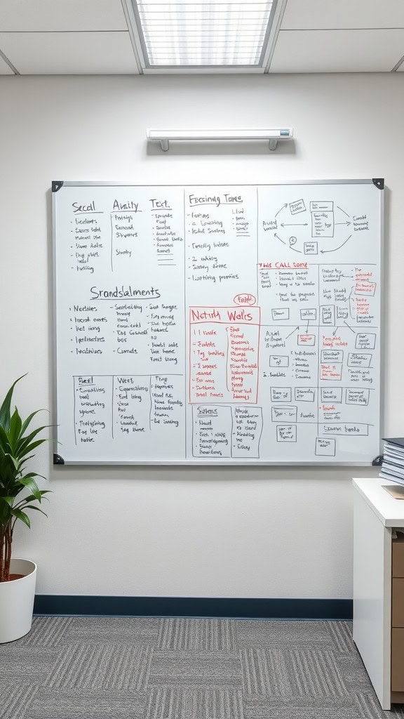 A whiteboard filled with notes and ideas in a home office setting.