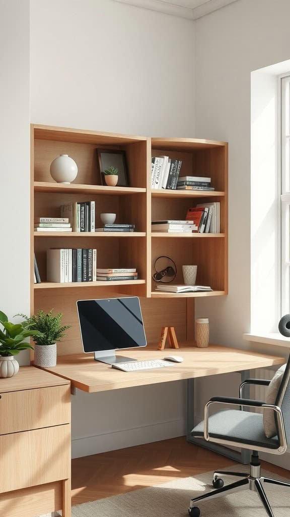 A minimalist home office setup featuring a wooden desk with a computer and open shelves divided for organization.