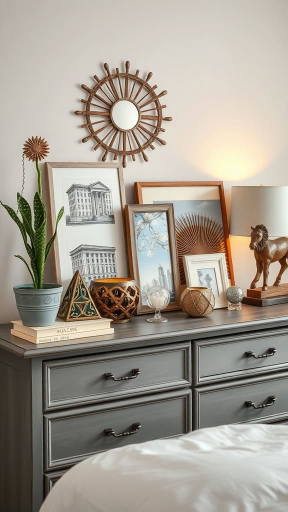 A stylish dresser display featuring a mix of decorative items, including a sunburst mirror, artwork, plants, and unique sculptures.