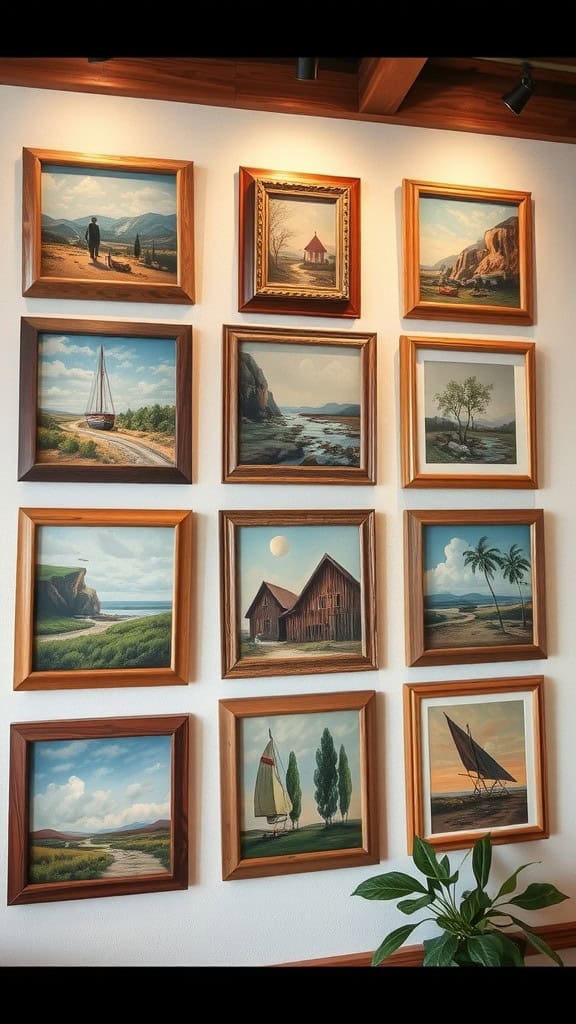 A collection of framed paintings depicting various landscapes, including coastal scenes and farmhouses.