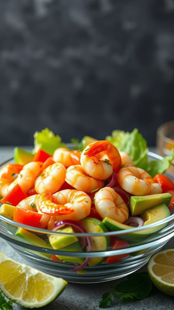 A vibrant bowl of shrimp and avocado salad with fresh vegetables.