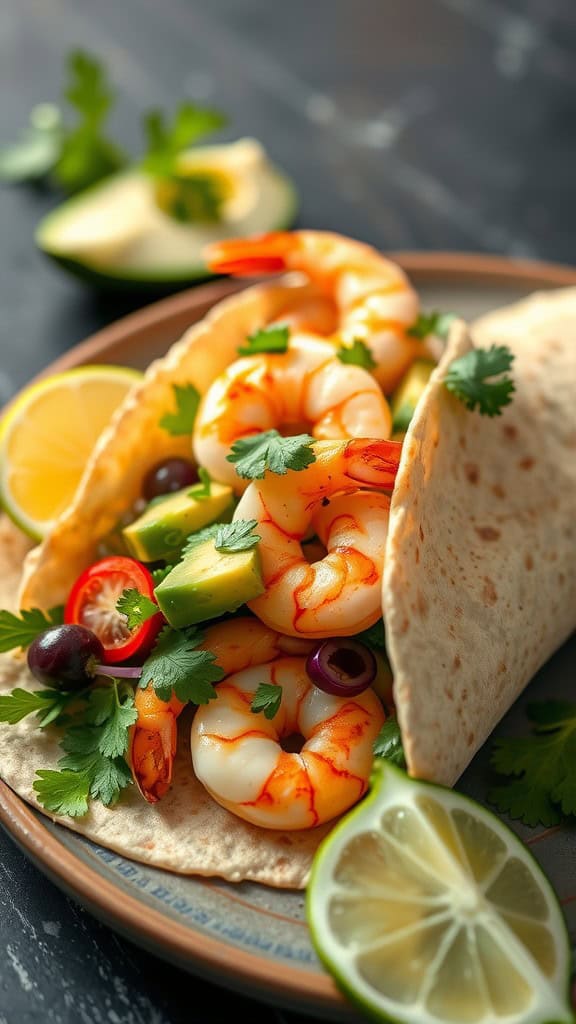 A delicious shrimp and avocado salad wrap on a plate, garnished with lime and herbs.