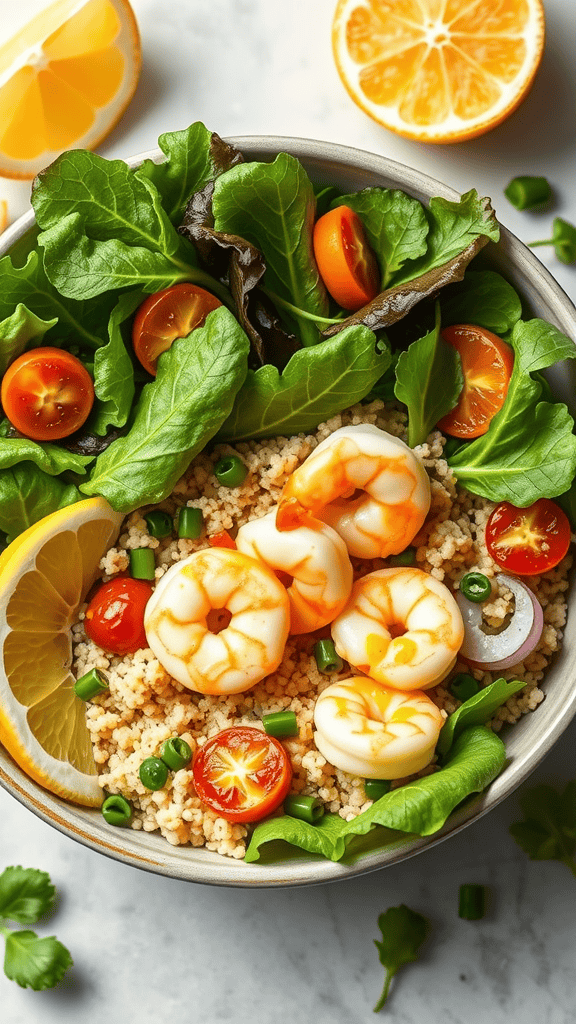 A colorful shrimp and quinoa salad topped with fresh greens, tomatoes, and lemon slices.