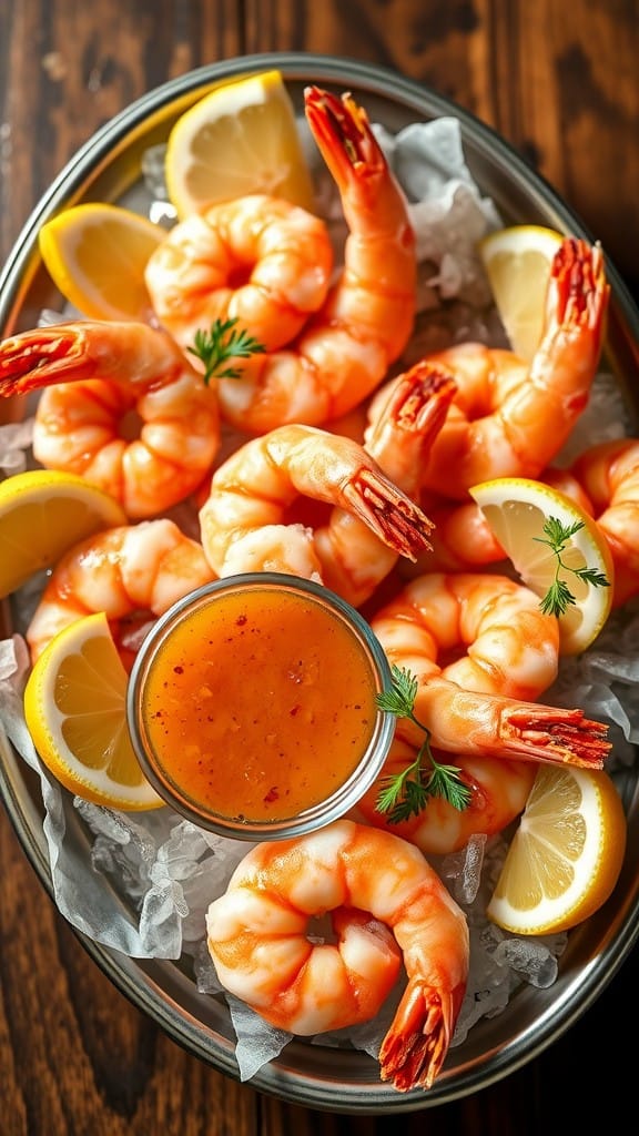 A platter of shrimp cocktail with lemon wedges and zesty sauce