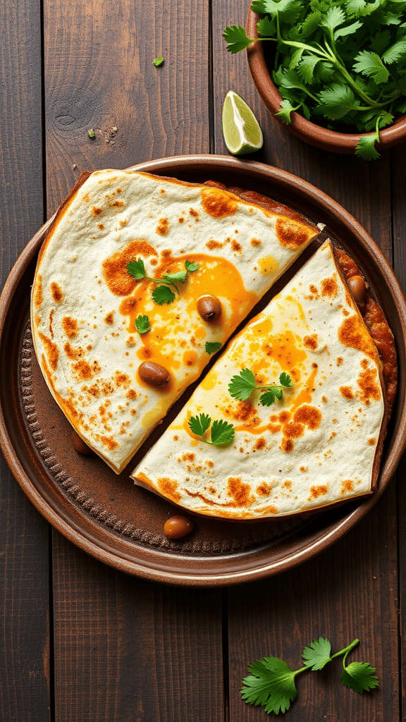 A plate of bean and cheese quesadilla, cut in half, garnished with cilantro and accompanied by a lime wedge.