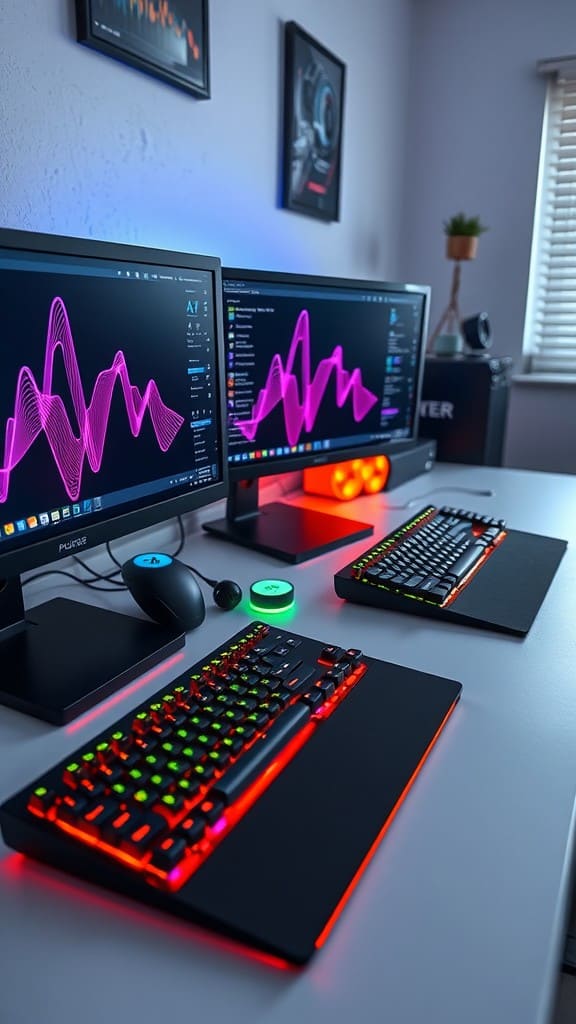 A modern workspace featuring dual monitors displaying sound wave graphics, colorful backlit keyboards, and glowing accessories.