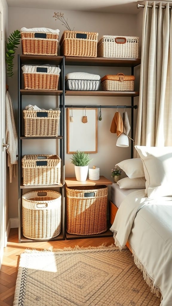 A cozy bedroom featuring a sleek shelving unit with woven baskets for storage.