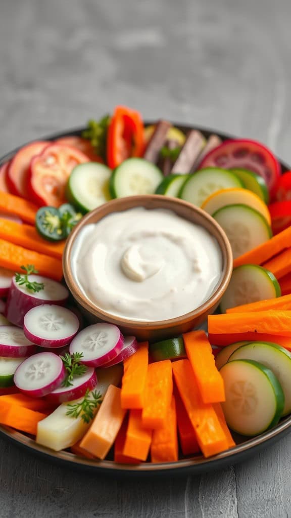 A colorful platter of sliced vegetables including carrots, cucumbers, radishes, and bell peppers, with a bowl of ranch dip in the center.