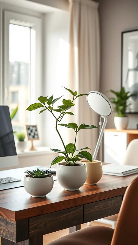 A cozy home office desk featuring small potted plants in ceramic pots.