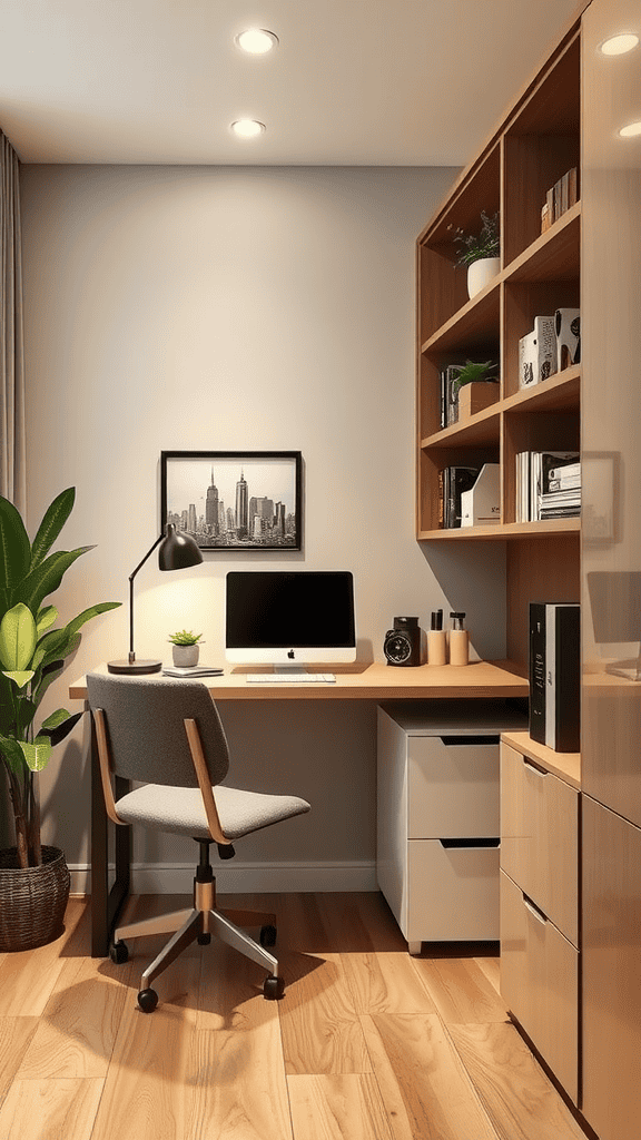 A small home office setup featuring a desk, chair, and shelves with plants and decor.