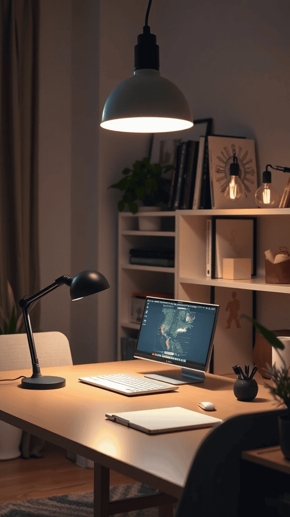 A cozy workspace with stylish lighting fixtures, including a desk lamp and overhead light, illuminating a computer and plant.