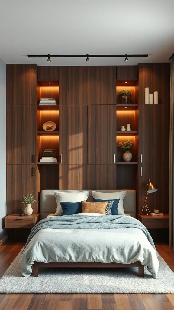 A cozy bedroom with built-in wooden shelves, a neatly made bed, and warm lighting.