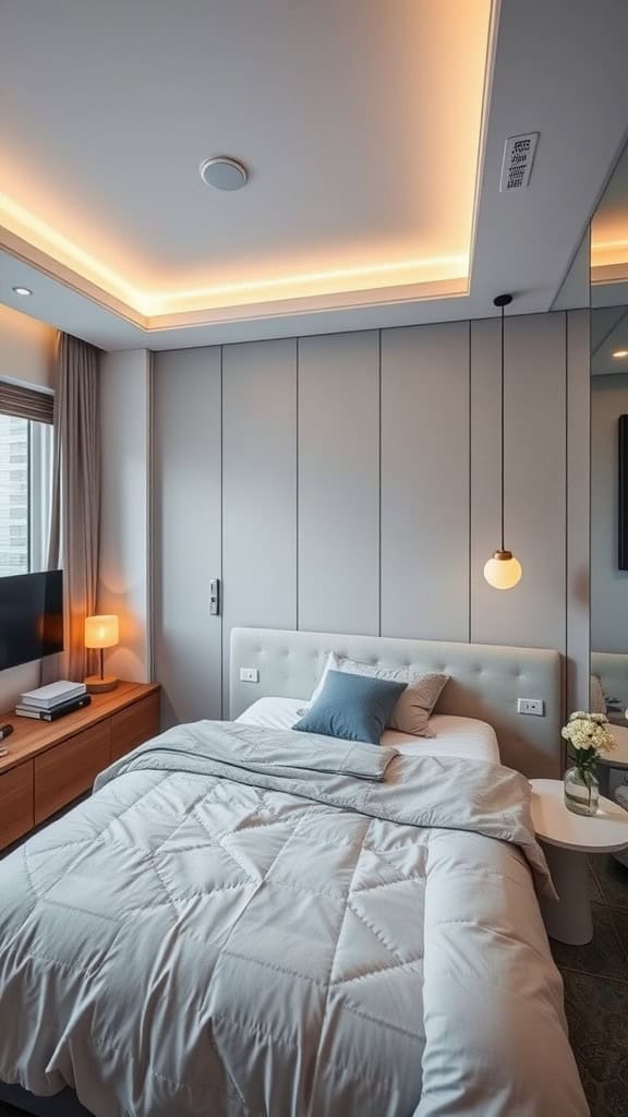 A minimalist bedroom featuring smart technology, cozy bedding, and elegant decor.