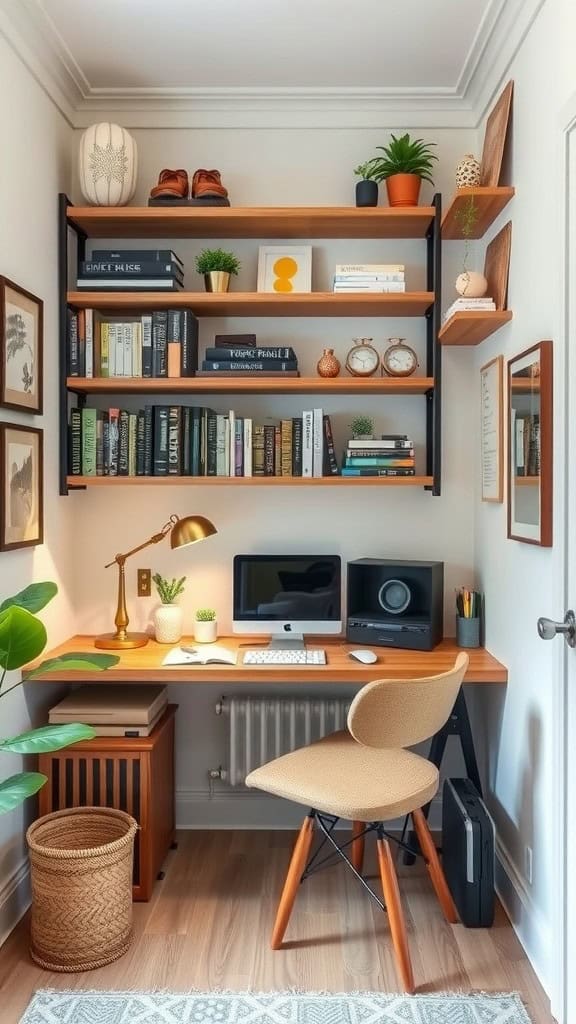 A cozy small home office with shelves, a desk, and a comfortable chair.