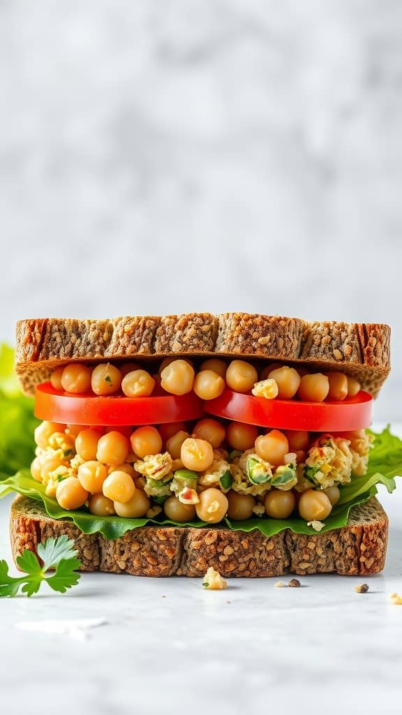 A delicious smashed chickpea salad sandwich with layers of chickpeas, lettuce, and tomato.