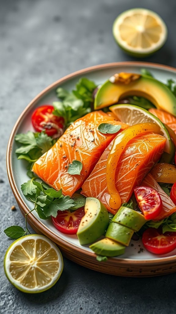 A colorful plate of smoked salmon avocado salad with fresh greens, tomatoes, cucumbers, and lemon slices.