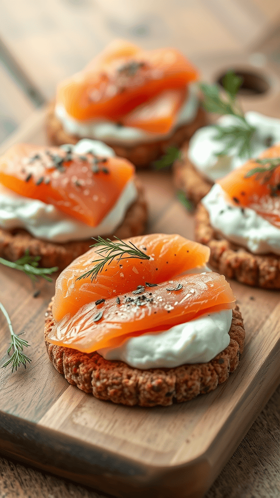 Smoked salmon on whole grain crackers with cream cheese and herbs