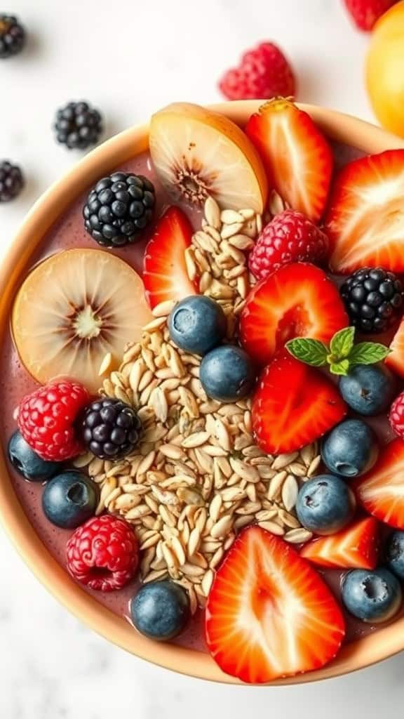 A vibrant smoothie bowl topped with fresh fruits like strawberries, blueberries, and blackberries, along with granola.