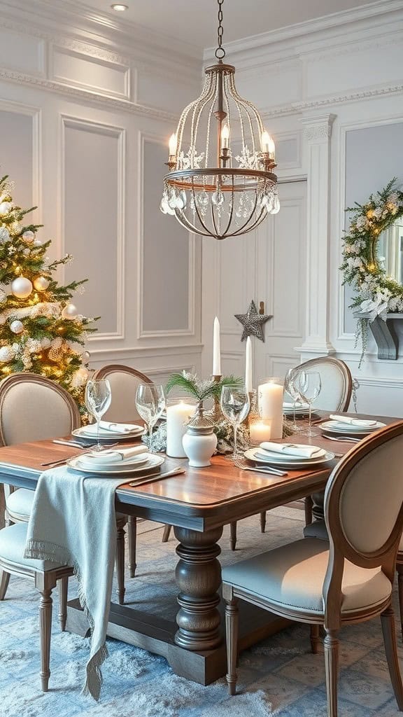 A beautifully arranged dining table with minimalist Christmas decor, featuring candles, glassware, and a festive atmosphere.