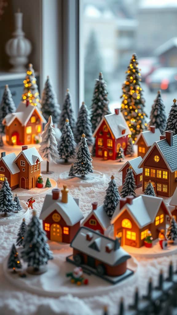 A charming snowy village scene with glowing houses and miniature Christmas decorations.