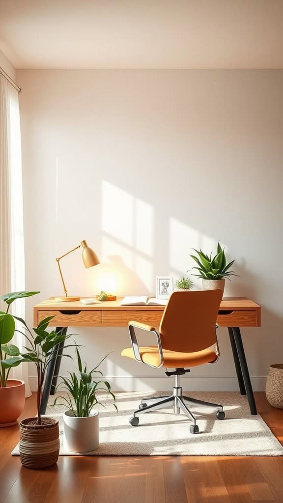 A cozy home office setup with soft ambient lighting, a wooden desk, and plants.