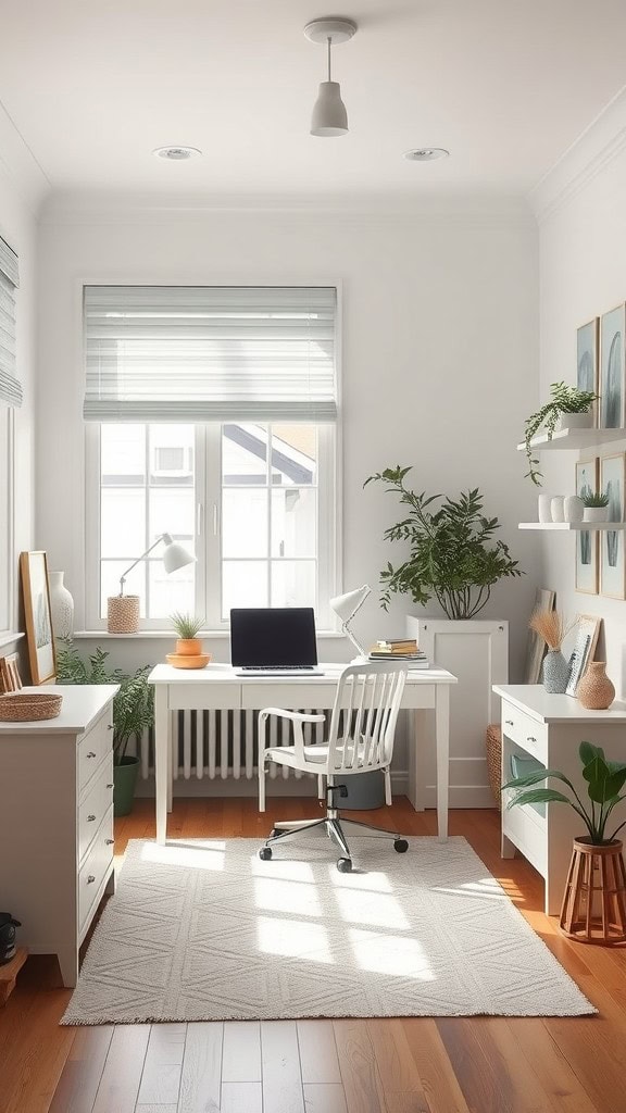 A bright and inviting home office with soft colors, featuring a desk, plants, and natural light.