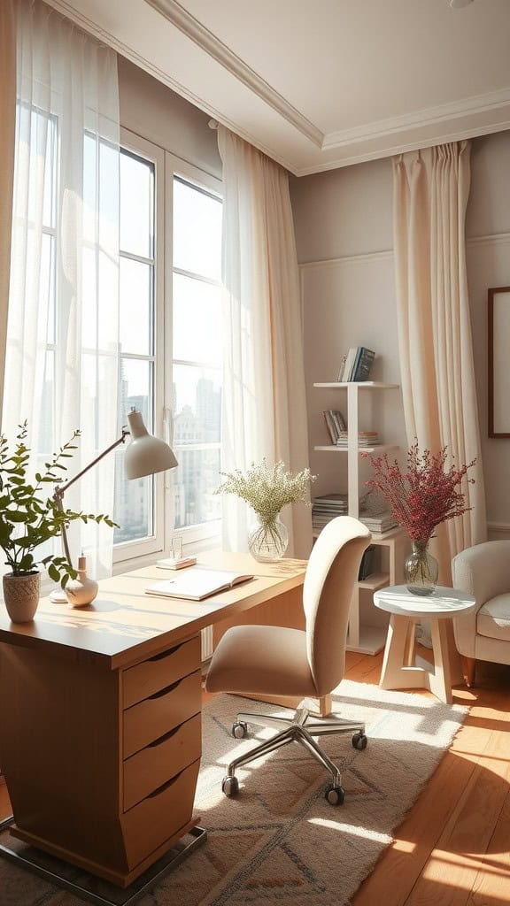 Bright feminine office with soft curtains and natural light