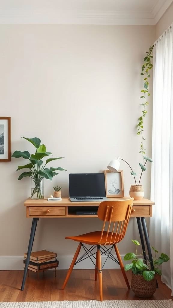 A cozy home office with a soft greige wall, wooden desk, and plants